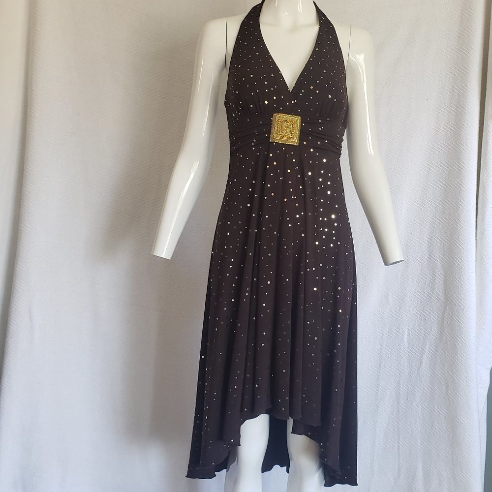 EnFocus  Studio Brown & Gold Halter Tie Stretch Knit High Low Dress